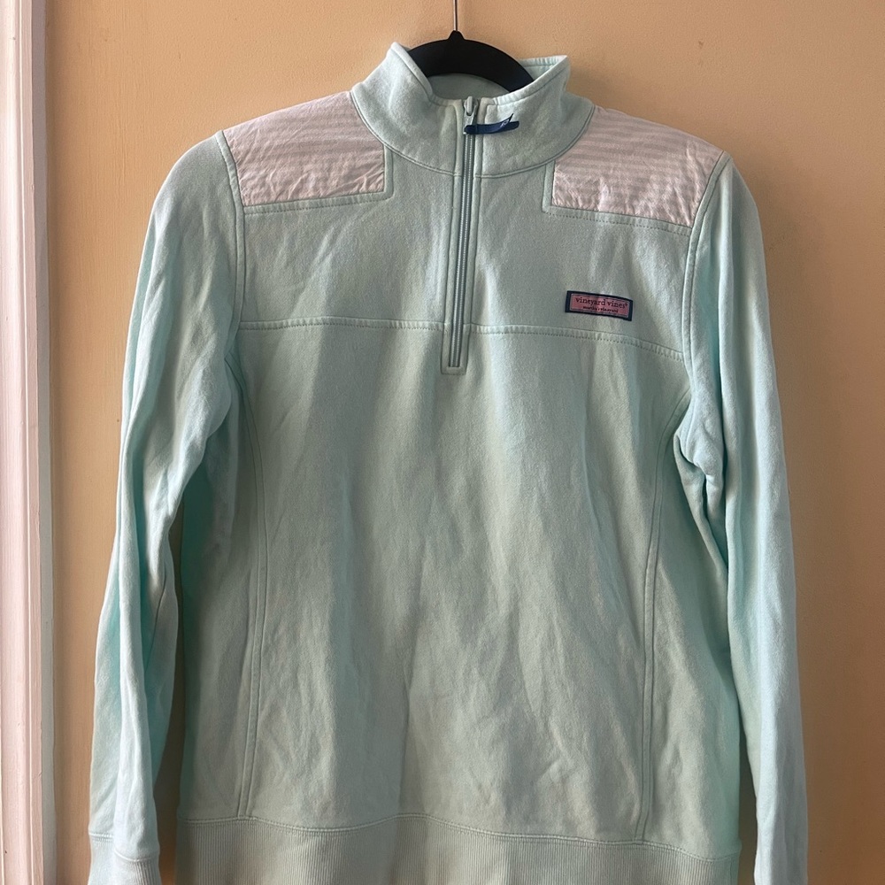 Vineyard Vines quarter zip Shep Shirt in mint green with Oxford stripe detail